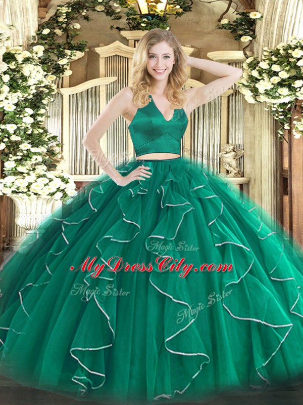 Perfect Dark Green Halter Top Zipper Ruffles Sweet 16 Dresses Sleeveless