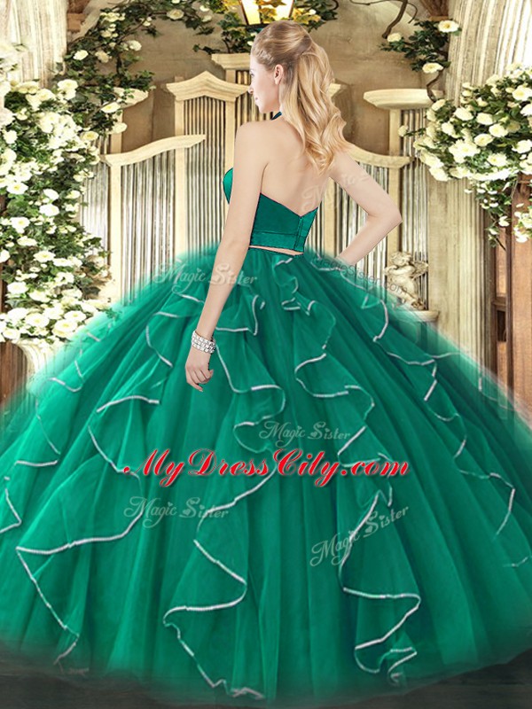 Perfect Dark Green Halter Top Zipper Ruffles Sweet 16 Dresses Sleeveless