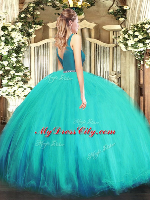 High Class Tulle Zipper Sweet 16 Quinceanera Dress Sleeveless Floor Length Beading