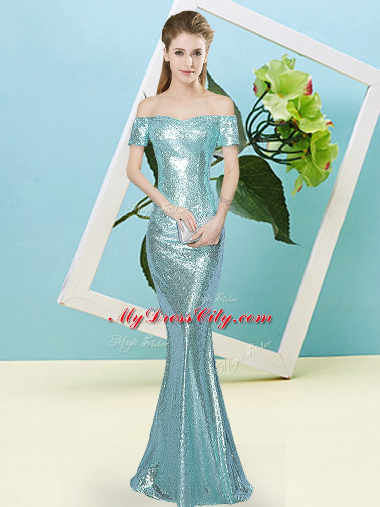 Beautiful Sequins Prom Gown Aqua Blue Zipper Short Sleeves Floor Length