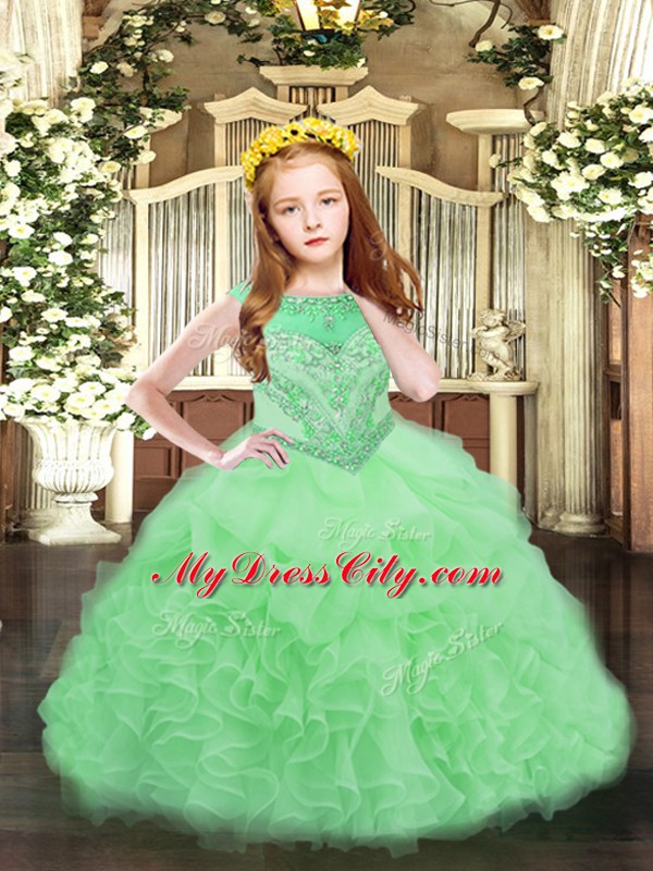 Floor Length Zipper Pageant Dresses Apple Green for Military Ball and Quinceanera with Beading and Ruffles and Pick Ups