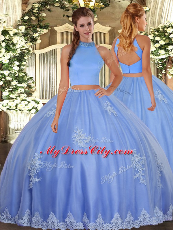 Halter Top Sleeveless Backless 15 Quinceanera Dress Baby Blue Tulle