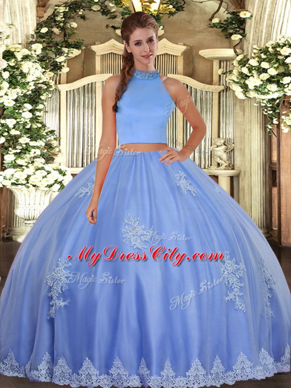 Halter Top Sleeveless Backless 15 Quinceanera Dress Baby Blue Tulle