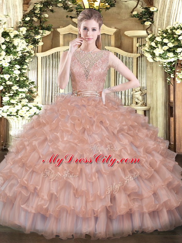 High End Floor Length Backless Vestidos de Quinceanera Peach for Military Ball and Sweet 16 and Quinceanera with Beading and Ruffled Layers