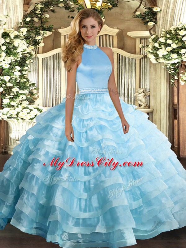 Baby Blue Ball Gowns Organza Halter Top Sleeveless Beading and Ruffled Layers Floor Length Backless Quinceanera Gowns