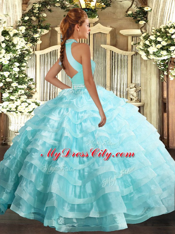 Baby Blue Ball Gowns Organza Halter Top Sleeveless Beading and Ruffled Layers Floor Length Backless Quinceanera Gowns