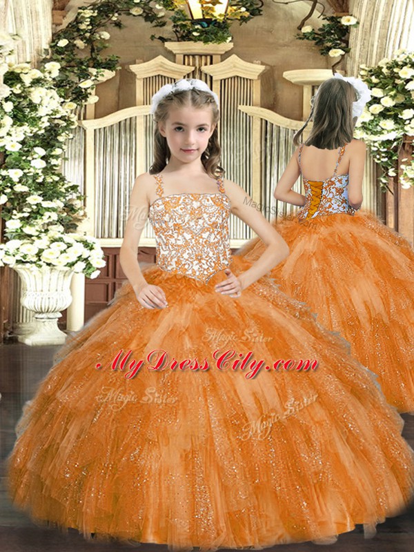 Floor Length Orange Little Girls Pageant Dress Wholesale Organza Sleeveless Beading and Ruffles