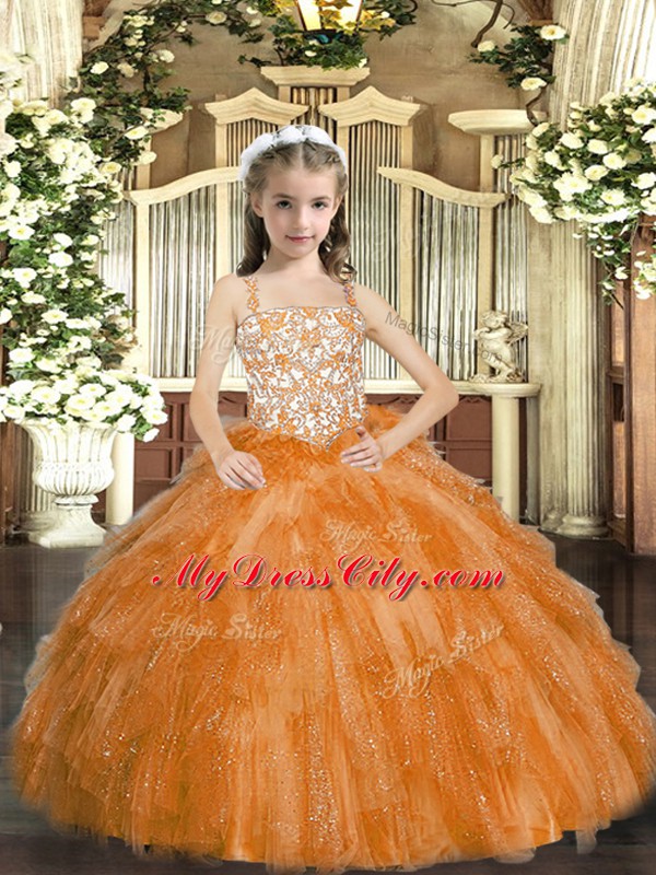 Floor Length Orange Little Girls Pageant Dress Wholesale Organza Sleeveless Beading and Ruffles