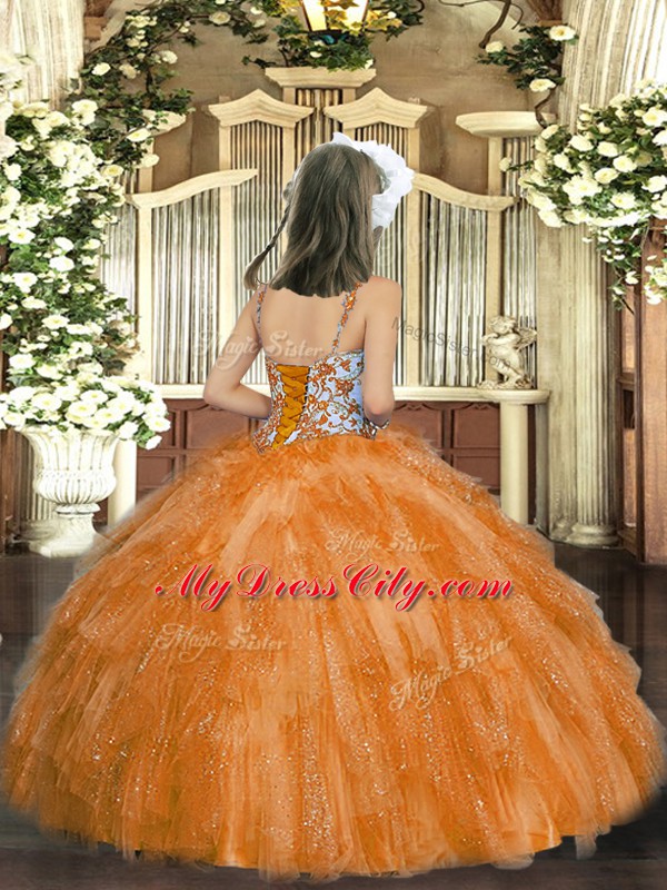 Floor Length Orange Little Girls Pageant Dress Wholesale Organza Sleeveless Beading and Ruffles