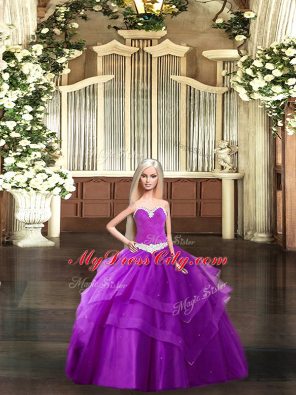 Purple Sweetheart Lace Up Ruching Quince Ball Gowns Sleeveless