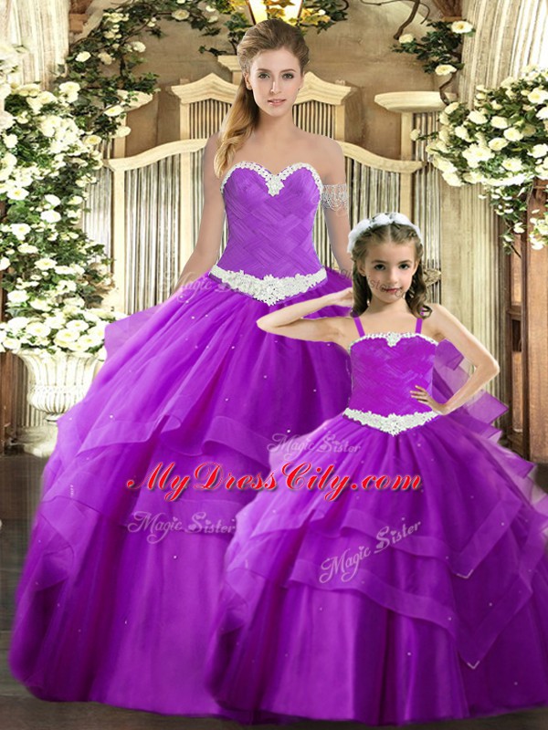 Purple Sweetheart Lace Up Ruching Quince Ball Gowns Sleeveless