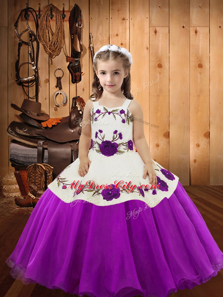 Enchanting Floor Length Purple Pageant Gowns For Girls Straps Sleeveless Lace Up