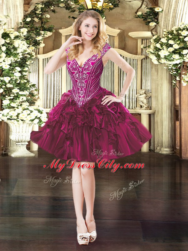 Sleeveless Organza Mini Length Lace Up Prom Dress in Fuchsia with Beading and Ruffles