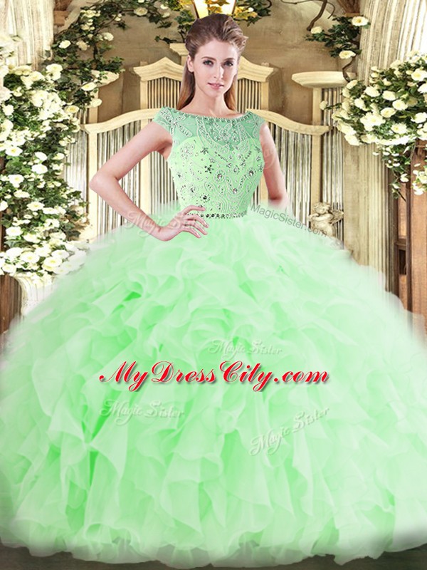 Inexpensive Tulle Sleeveless Floor Length Ball Gown Prom Dress and Beading and Ruffles