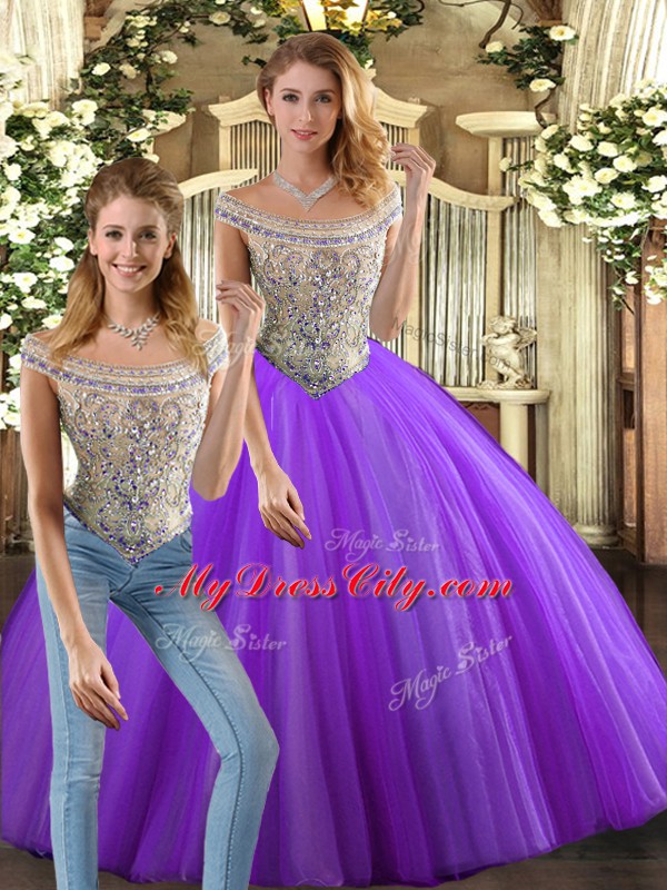 Hot Sale Two Pieces Quinceanera Gown Eggplant Purple Bateau Tulle Sleeveless Floor Length Lace Up