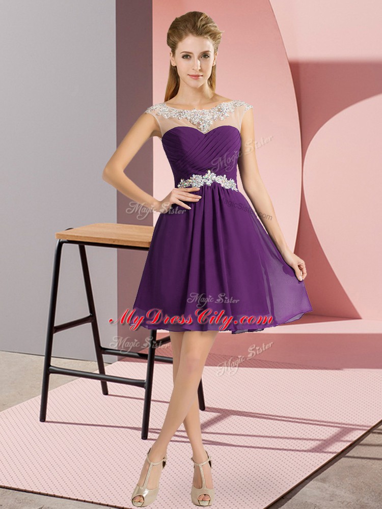 Cap Sleeves Mini Length Beading Lace Up Prom Gown with Purple