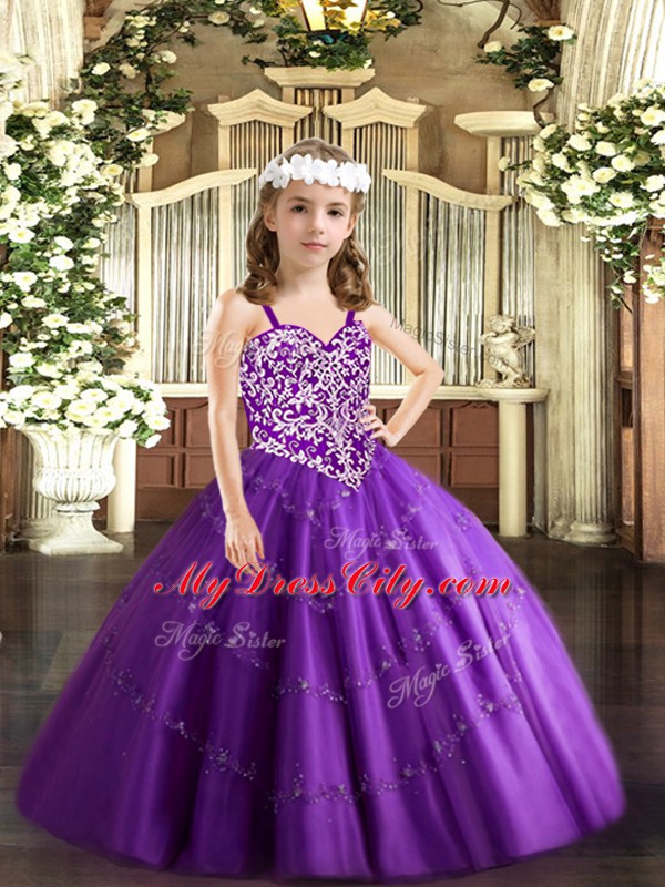 Floor Length Purple Kids Pageant Dress Tulle Sleeveless Beading and Appliques