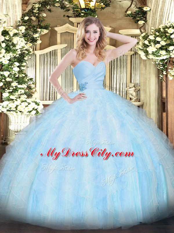 Light Blue Ball Gowns Beading and Ruffles Sweet 16 Dresses Lace Up Organza Sleeveless Floor Length