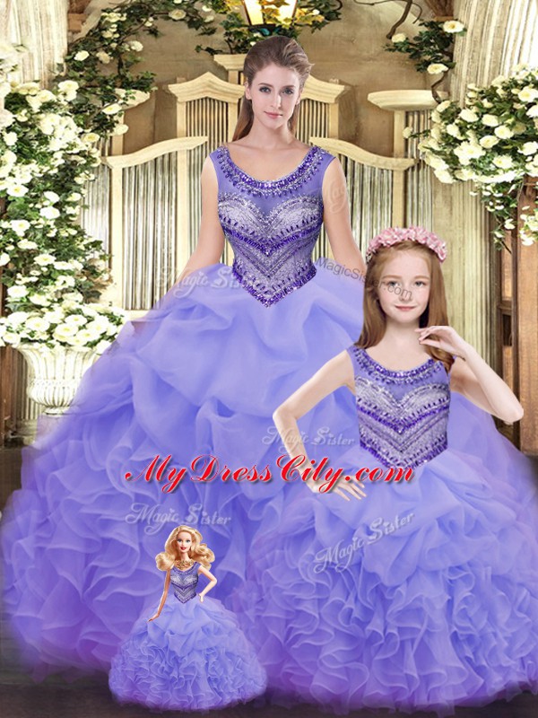 Flare Lavender Quinceanera Gowns Military Ball and Sweet 16 and Quinceanera with Beading and Ruffles Scoop Sleeveless Lace Up