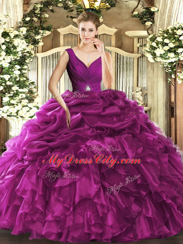 Ball Gowns Sweet 16 Dresses Fuchsia V-neck Organza Sleeveless Floor Length Backless