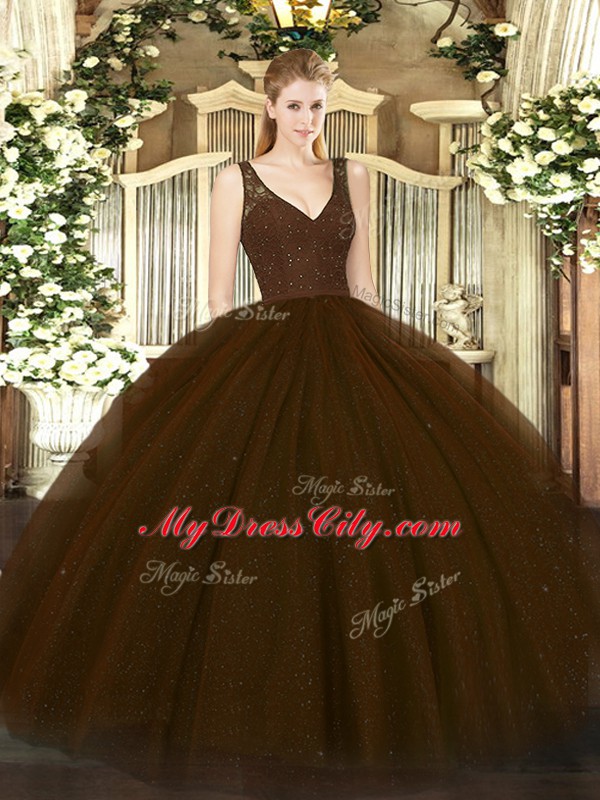 Sumptuous Brown Sleeveless Tulle Backless 15th Birthday Dress for Military Ball and Sweet 16 and Quinceanera