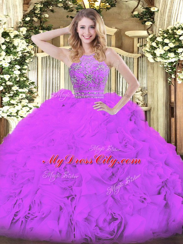 Best Eggplant Purple Halter Top Zipper Beading and Ruffles Quince Ball Gowns Sleeveless