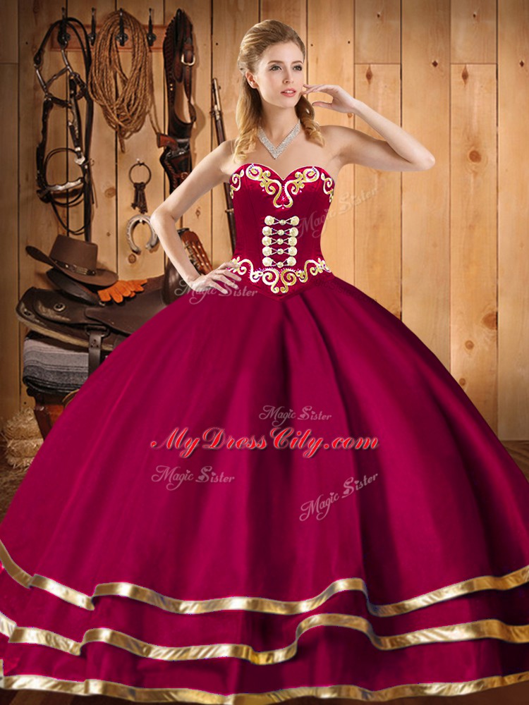 Colorful Wine Red Sleeveless Floor Length Embroidery and Ruffles Lace Up 15 Quinceanera Dress