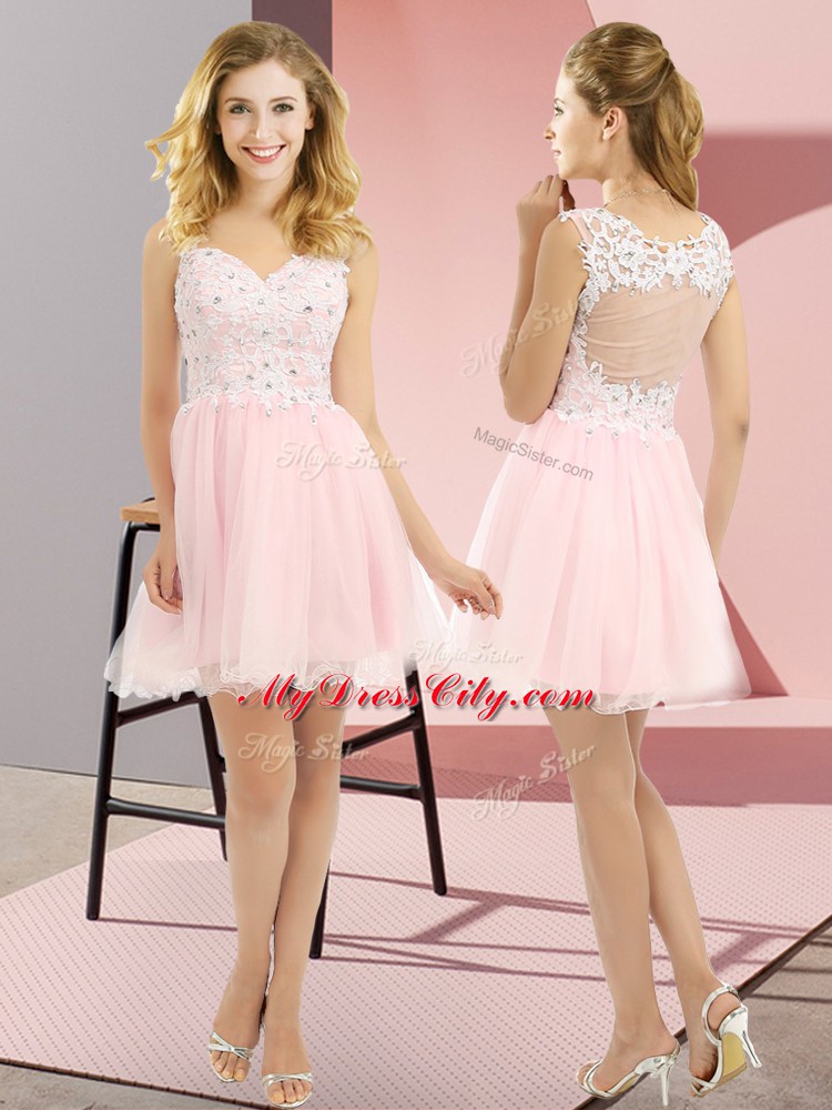 Comfortable Baby Pink V-neck Neckline Beading and Lace Quinceanera Court of Honor Dress Sleeveless Lace Up