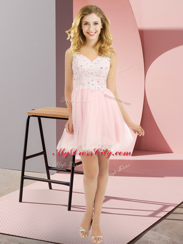 Comfortable Baby Pink V-neck Neckline Beading and Lace Quinceanera Court of Honor Dress Sleeveless Lace Up