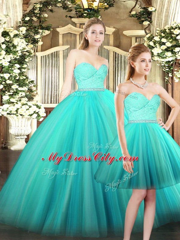 Low Price Floor Length Lace Up Vestidos de Quinceanera Aqua Blue for Military Ball and Sweet 16 and Quinceanera with Ruching