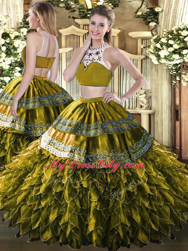 Eye-catching Sleeveless Tulle Floor Length Backless Quinceanera Dress in Olive Green with Beading and Ruffles