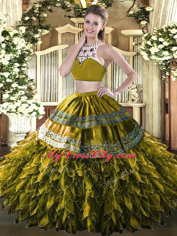 Eye-catching Sleeveless Tulle Floor Length Backless Quinceanera Dress in Olive Green with Beading and Ruffles