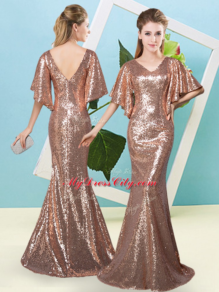 Brown Zipper Evening Dress Sequins Half Sleeves Floor Length