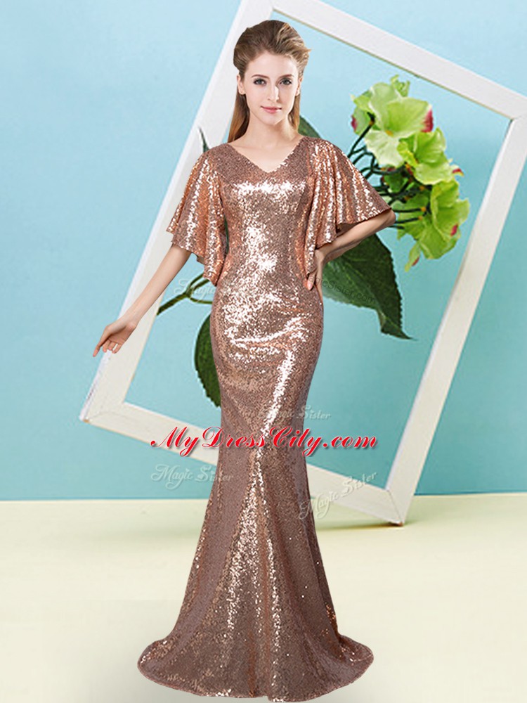 Brown Zipper Evening Dress Sequins Half Sleeves Floor Length