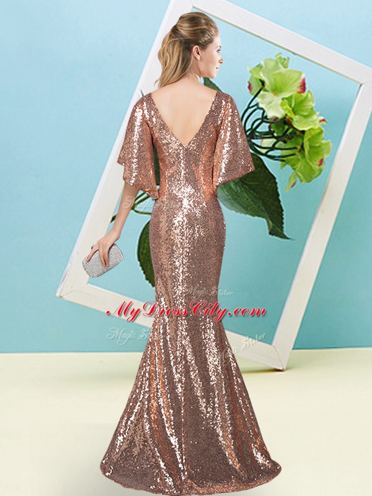 Brown Zipper Evening Dress Sequins Half Sleeves Floor Length