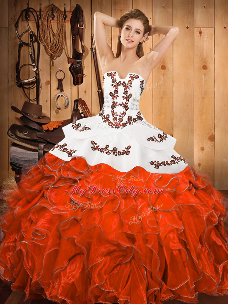 Rust Red Sleeveless Satin and Organza Lace Up Sweet 16 Quinceanera Dress for Military Ball and Sweet 16 and Quinceanera