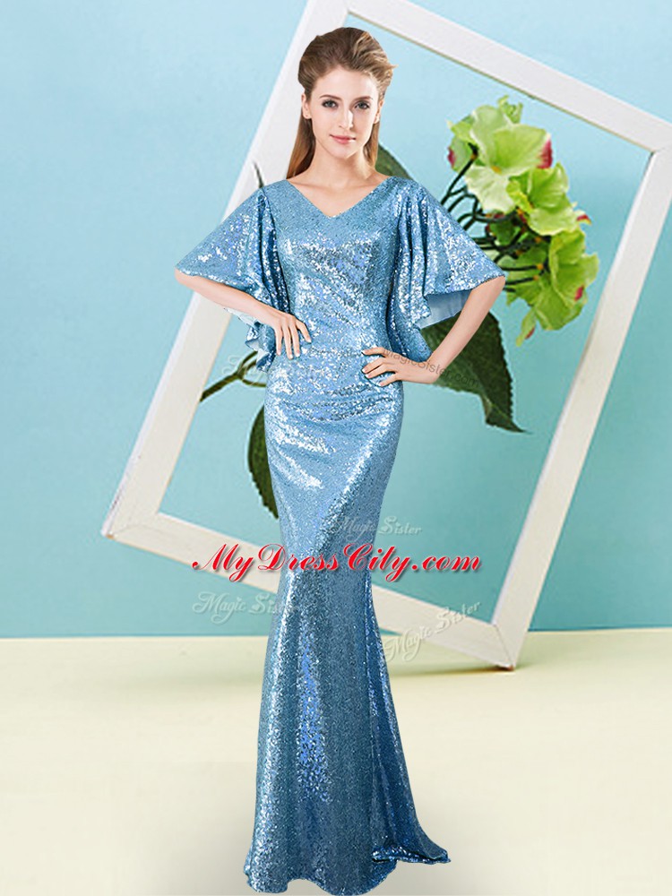 Baby Blue Zipper Evening Dress Sequins Half Sleeves Floor Length