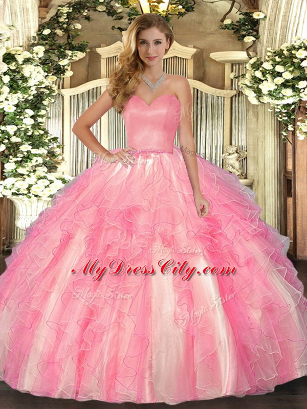 Decent Rose Pink Organza Lace Up Quinceanera Dresses Sleeveless Floor Length Ruffles