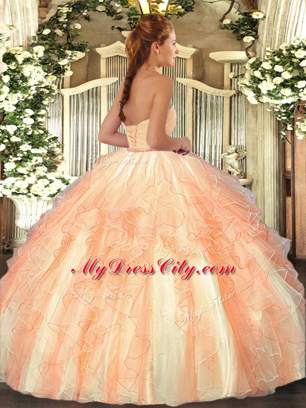 Decent Rose Pink Organza Lace Up Quinceanera Dresses Sleeveless Floor Length Ruffles