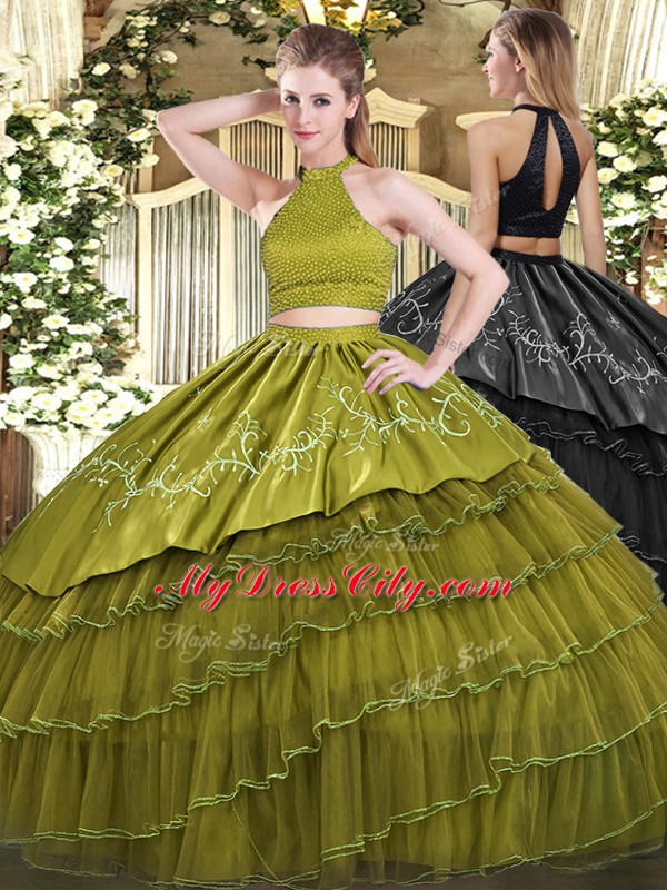 Graceful Olive Green Ball Gowns Beading and Embroidery and Ruffled Layers Sweet 16 Dresses Backless Organza Sleeveless Floor Length