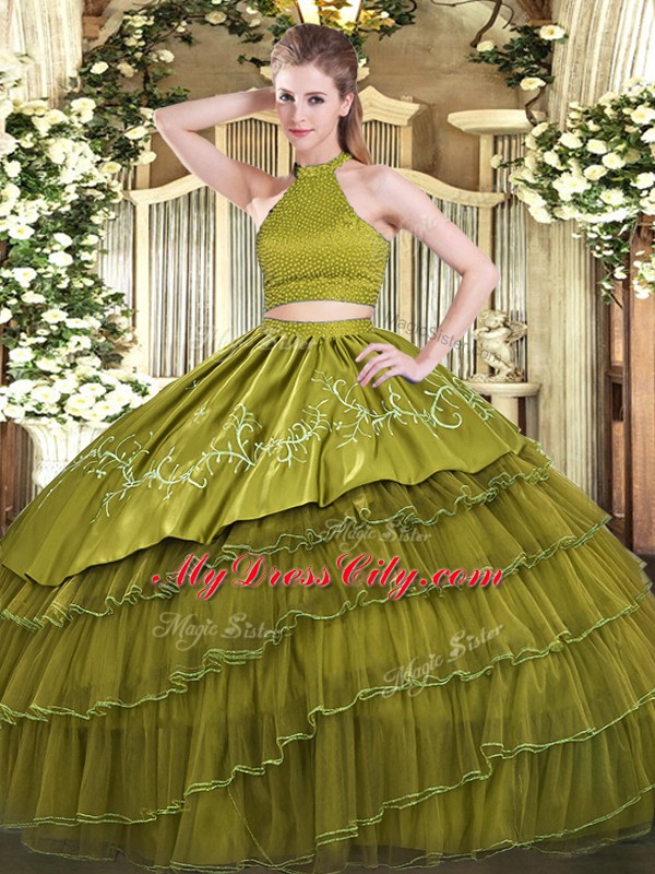 Graceful Olive Green Ball Gowns Beading and Embroidery and Ruffled Layers Sweet 16 Dresses Backless Organza Sleeveless Floor Length