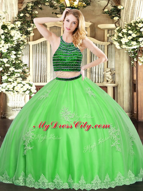 Tulle Sleeveless Floor Length Vestidos de Quinceanera and Beading and Appliques