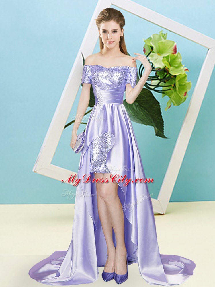 Lavender Prom Evening Gown Prom and Party with Sequins Off The Shoulder Short Sleeves Lace Up