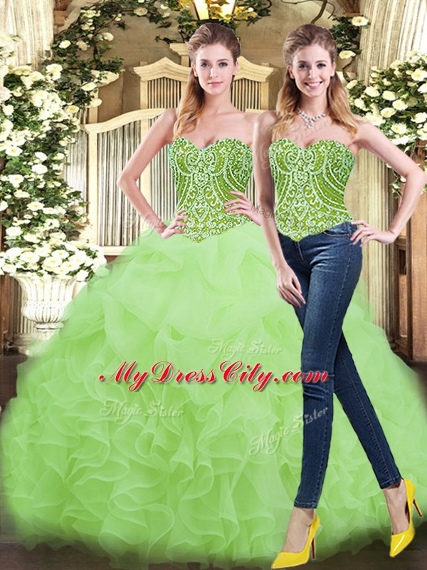 Flare Yellow Green Organza Lace Up Quinceanera Gowns Sleeveless Floor Length Beading and Ruffles