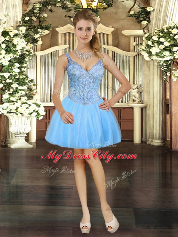 Fancy Light Blue Sleeveless Mini Length Beading Lace Up Prom Party Dress