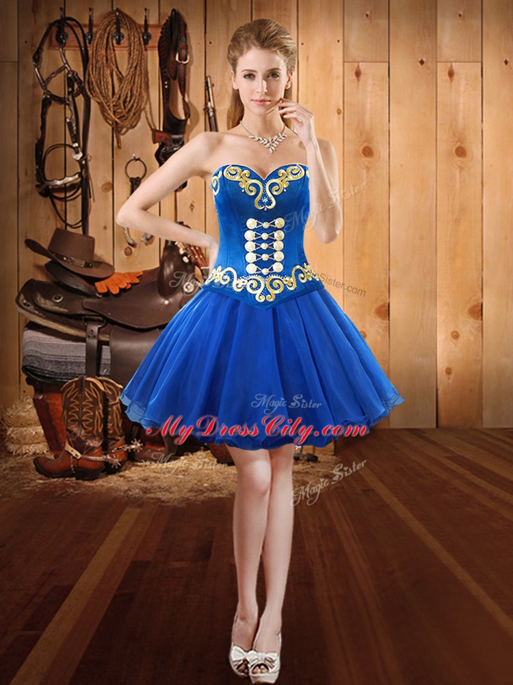 Perfect Mini Length Royal Blue Dress for Prom Organza Sleeveless Embroidery