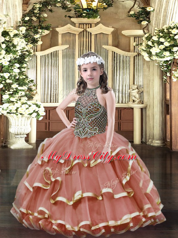 Custom Design Sleeveless Floor Length Beading and Ruffled Layers Lace Up Little Girl Pageant Gowns with Rust Red