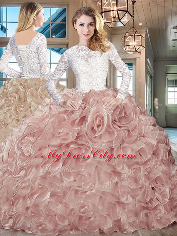 Long Sleeves Lace and Fading Color Brush Train Lace Up Quinceanera Gown in Champagne with Lace and Ruffles