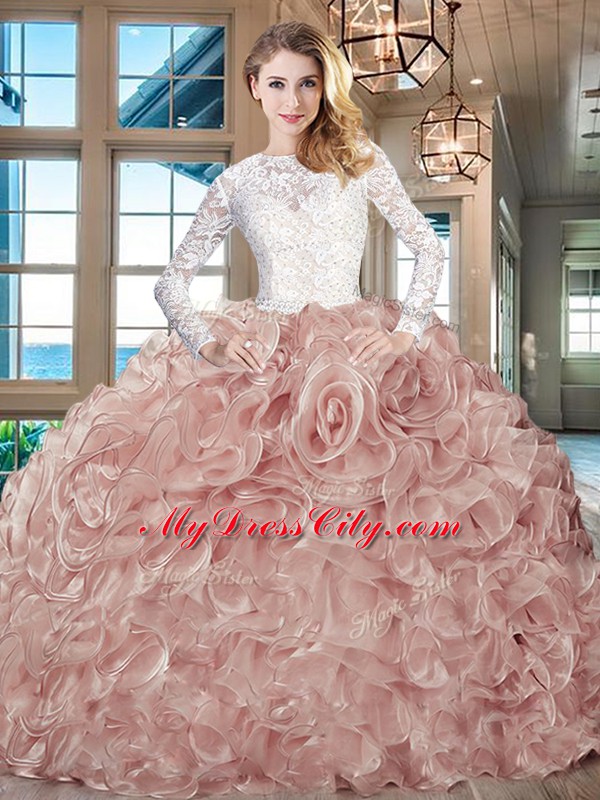 Long Sleeves Lace and Fading Color Brush Train Lace Up Quinceanera Gown in Champagne with Lace and Ruffles