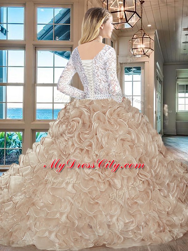 Long Sleeves Lace and Fading Color Brush Train Lace Up Quinceanera Gown in Champagne with Lace and Ruffles